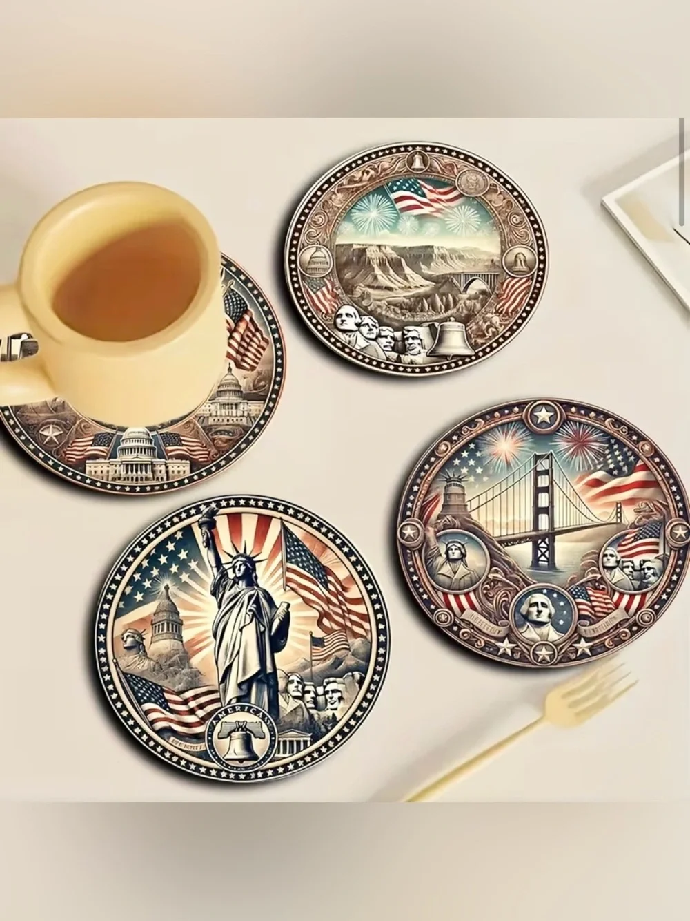 Patriotic American Landmark Woodgrain Coasters - New (Set of 8)